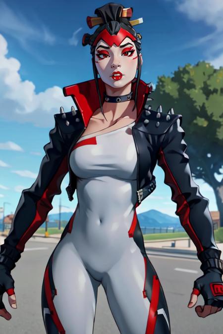 masterpiece,best quality,extreme detail,8k,<lora:Takara-10:0.8>,takarafn,1girl,solo,breasts,black hair,red eyes,gloves,medium breasts,jacket,outdoors,sky,choker,day,black gloves,fingerless gloves,blurry,collar,tree,blue sky,black jacket,bodysuit,makeup,blurry background,spikes,eyeshadow,cropped jacket,