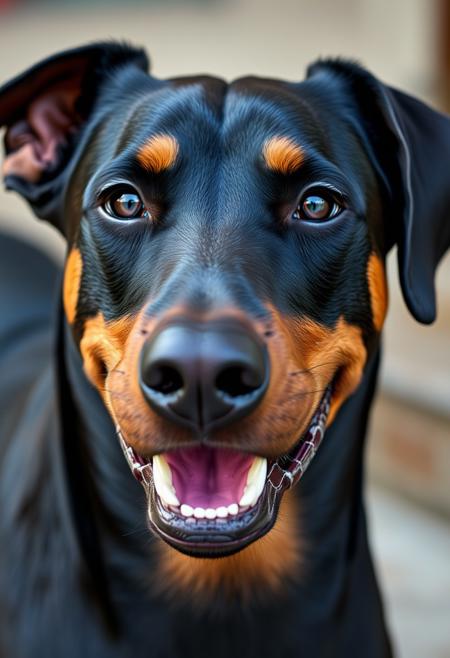 dobermann with real human teeth smiling sad