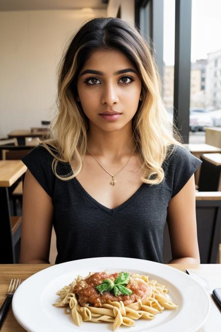 30 yo (attractive:0.4) (Desi) (american-pakistani:0.2) (sorority:1) woman sitting at cafe, (long blonde hair:1.3), petite, (cleavage:0.8), necklace,
epic realistic, natural skin texture, hyperrealism, sharp, (eyeliner:1.4), colorful, dark and warm tones, well dressed, vneck, 
 <lora:CONCEPT_pov_dating_ownwaifu:0.6> concept_pov_dating_ownwaifu, looking at viewer, table, pasta on plate, pov across table, depth of field