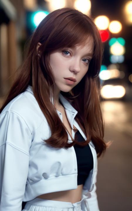 waist up closeup of lesydx wearing a white outfit, an empty street at night, long [dark red] hair, <lyco:LeSydx_v1_locon_64_64: 1.1>