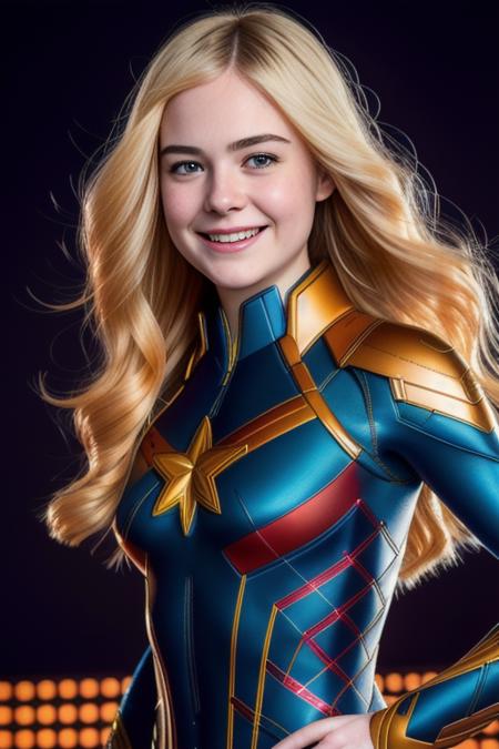 photo of ElleFanning4, (marvel studio captain marvel costume), portrait, hair, (studio wall), smile, detailed face, intricate, elegant, sharp focus, photo by, soft lighting, vibrant colors, masterpiece, detailed face, beautiful ,