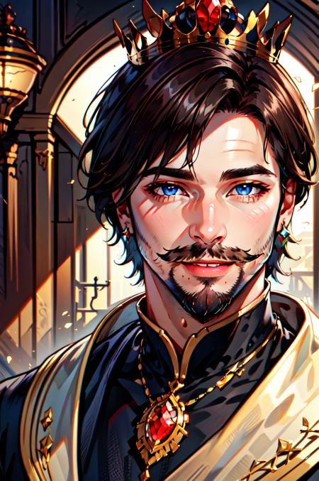 Regality Style, 1boy, beard, black hair, blue eyes, brown hair, collarbone, crown, earrings, facial hair, gem, hyur, jewelry, lips, looking at viewer, male focus, mature male, mustache, necklace, parted lips, portrait, short hair, smile, solo, upper body<lora:Regal:0.75>