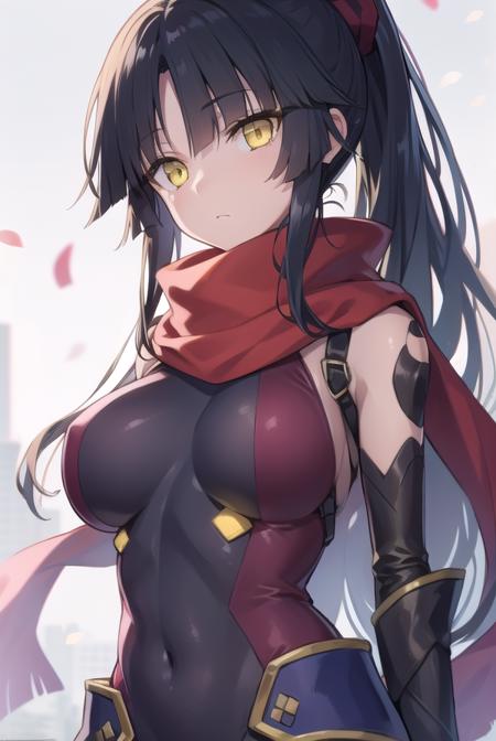 danzou katou, android, black hair, long hair, ponytail, (yellow eyes:1.5) bodysuit, covered navel, elbow gloves, gloves, scarf,