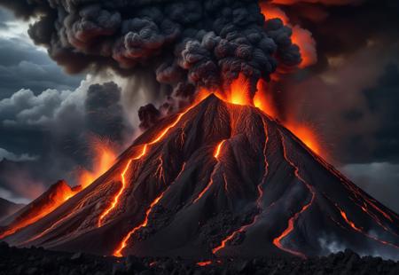 Volcano humanoid god crawling out of a active Volcano, lava dripping off of him, thunder and lighting striking the mountain Volcano, dark clouds, hyperdetailed, glowing orange eyes, 8k resolution, portrait style, dramatic lighting, Epic cinematic brilliant stunning intricate meticulously detailed dramatic atmospheric maximalist digital matte painting