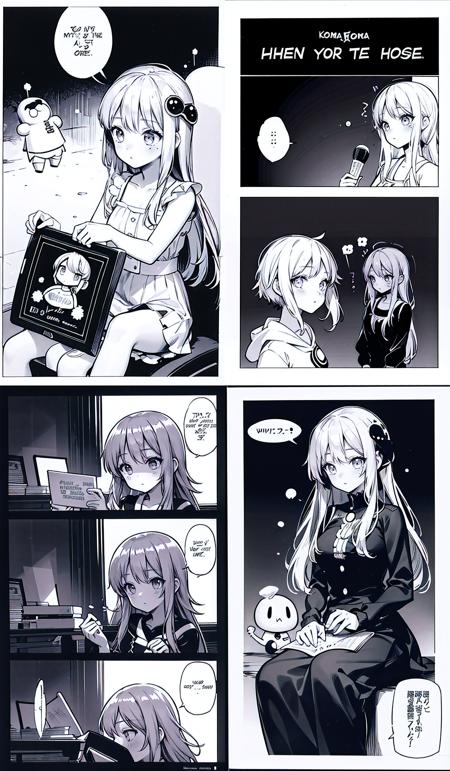 masterpiece,best quality,1girl,<lora:manhuav1.2:0.3>,(Text Bubble),monochrome,lineart,comic ,Border,<lora:shou-v50:1>,(2koma:1.5), ,