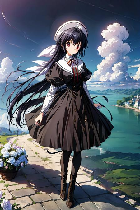 ((masterpiece)),best quality,extremely detailed,1girl,solo,full body,(amamiya yuko),(otowa uniform),cloud,(ultra-wide angle),preoccupied,detailed background,Scenery,simple background,flowers,water,looking at viewer,black knee length dress,front,view,<lora:yuko_v35:0.9>,<lora:tachi-e:1>,<lora:add_detail:0.5>,