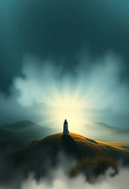 High-angle shot, dramatic lighting illuminating a solitary woman amidst Norwegian moorlands. Realistic painting with ethereal light, soft gradients, delicate brushstrokes, and a melancholic atmosphere. High contrast emphasizes the vast landscape and the woman's solitude.