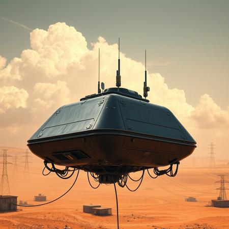 ultra high resolution, masterpiece, best quality, small featureless glossy black  spacecraft with a textured surface hovering low to the ground, underneath the spacecraft are cables hoses and wires, antennas on top, cables hanging from below, rectangular in shape, futuristic world, post apocalyptic landscape, ((low concrete buildings:1.3)) anti gravity, in the atmosphere, sky, clouds, ground visible, hovering, dry, ((dusty)), bleak landscape, parched, orange light, sunlight, square shapes, bleached colors, scattered destroyed industrial buildings, powerlines and towers