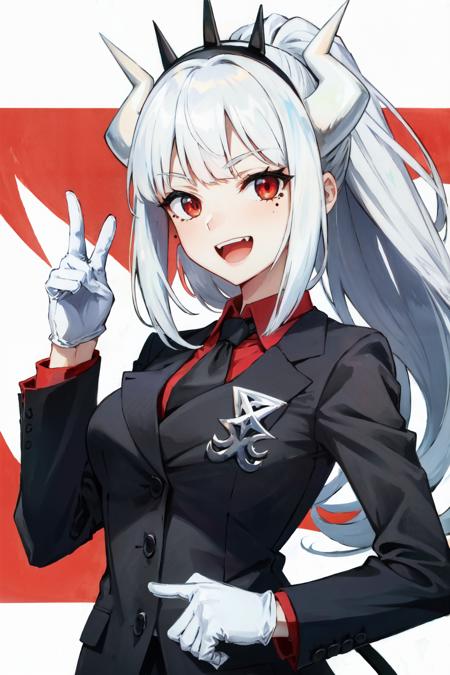 lucifer(helltaker), black jacket, fangs, shirt, mole under eye, white gloves, demon horns, black necktie, looking at viewer, formal, upper body, demon girl, red eyes, smile, red background, 1girl, white hair, open mouth, tail, collared shirt, mole, necktie, solo, suit, white horns, horns, demon tail, long sleeves, jacket, red shirt, gloves, long hair<lora:lucifer:1>