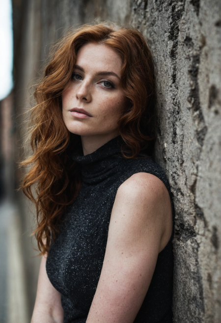 ((full body)), massive wavy auburn hair, (freckles:0.5), (melancholic),((daydreaming)), unkempt, (wide cheekbones), (round face), (professional magazine cover photo), (skin moles), (skin pores), (ecstasy), (arousement),(), (),(cinematic), bokeh, curvy 40 years old sturdy semetic woman, leaning old dirty cracked concrete wall in narrow alley, dark primed wall, strong eyebrows, wide cheekbones, big black eyes, sleeveless cozy body tight turtleneck pullover, open lips