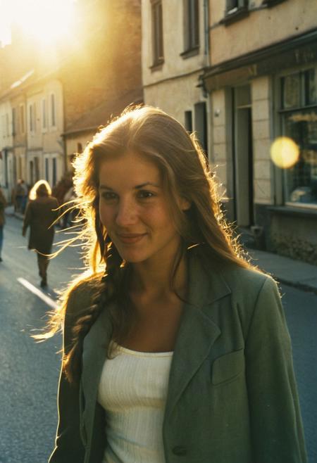 analog film,amateur photography,candid amateur photo,  grainy photo,faded:0.1, vintage photo, ((medium close shot)), walking in street,front view, 
((photo taken to date, woman's silouhette, details are not seen, sun in the background)))
candid amateur photo of a beautiful girl, (((against light picture, silouette)), 25 years old, 1980's, long braid hair,in streets, small coutry village, soft pretty smile,