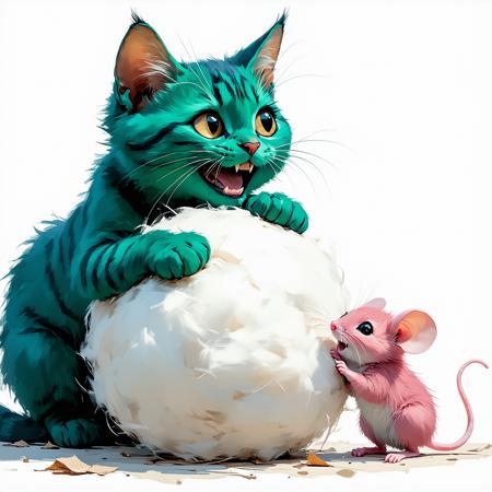 Classic children's book illustration: Low-angle, mouse-eye view. An emerald cat, toothed grin, leans on an immense, white, fluffy wool ball. 
Below, a tiny bright pink mouse, gazes upward.
Soft, painterly rendering with a palette of vibrant emerald, pink.
Warm directional light creates gentle shadows, highlighting gleaming teeth and plush fur. 
Atmosphere of whimsical suspense and charming peril, focusing on the cat's wide grin and the mouse. Subtle storybook vignette.