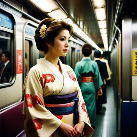 cinematic film still of Kodak Motion Picture Film: (Sharp Detailed Image) An Oscar winning movie for Best Cinematography a woman in a kimono standing on a subway train in Japan Kodak Motion Picture Film Style, shallow depth of field, vignette, highly detailed, high budget, bokeh, cinemascope, moody, epic, gorgeous, film grain, grainy,