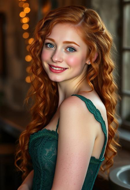 cute irish woman, Irish barmaid, 25 year old petite Irish woman, cute soft round face, pale white skin:0.8, redhead, very long curly ginger hair, full pouty lips, lips parted:0.8, happy, small nose, (((freckles))), big detailed blue eyes, (emerald green lace corset, sleeveless, strapless:1.5), cleavage:0.8,  
(small round breasts:1.2), (blushing), (((medieval cottage))), portrait, shoulders turned slightly to side, warm lighting, light particles, bokeh:0.8, looking at viewer, soft window light,