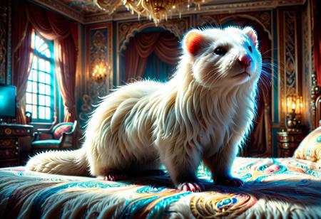 a white ferret made of w00kiee, standing on a luxurious bed in a high-end bedroom, intricate details, morning light, raw photo, cinematic, highly detailed, bright colors, aesthetic, fine detail, polished, complex, vibrant, symmetry, full color, perfect, ambient, unique, illuminated, epic, best, artistic, quality, dramatic, beautiful, stunning, flawless, extremely, very inspirational