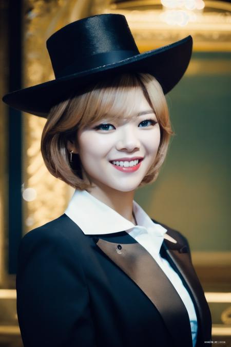 <lora:Jeongyeon_BRA:1>, (a picture of Jeongyeon, magician, magician hat, magician wand, tuxedo, spotlight, stage, smile), (detailed lighting, extremely detailed skin, extremely detailed hair, shadows, 8k), looking at viewer, (High Key Lighting), masterpiece, top quality, best quality, official art, unity 8k wallpaper, highres, ultra-high res, ultra-detailed, beautiful and aesthetic