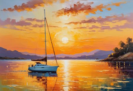 Centered, Neo-impressionist, yacht bathed in warm, golden light at sunset, with soft earth tones and vibrant colours, created in a thick, expressive oil painting style