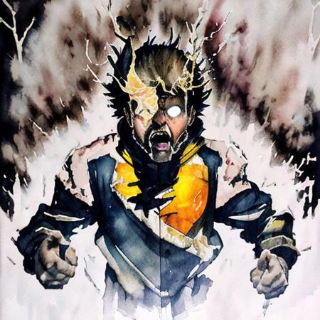 <lora:wcolors:0.9> watercolor, detailed painting <lora:rageMode_v1:0.77> father Santa Claus, furious, flying, throwing presents hands arms up, 1boy, livrant les cadeaux, ragemode, lightning medium view ohohoh, blue background night sky yellow striking