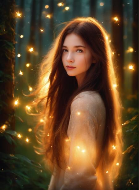 (masterpiece,best quality:1.5), , ultra realistic,1girl, long hair, straight hair, portrait, mysterious forest, firefly, bokeh, mysterious, night, sky, cloud