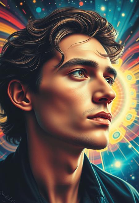 (((high quality seventies retro design aesthetics))), Seventies Psychedelic 70's space album cover, dynamic, colourful, slow track, melancholic, young white man, artist name "MUSAIC",  melancholic, album title "Metaphysical Mind"