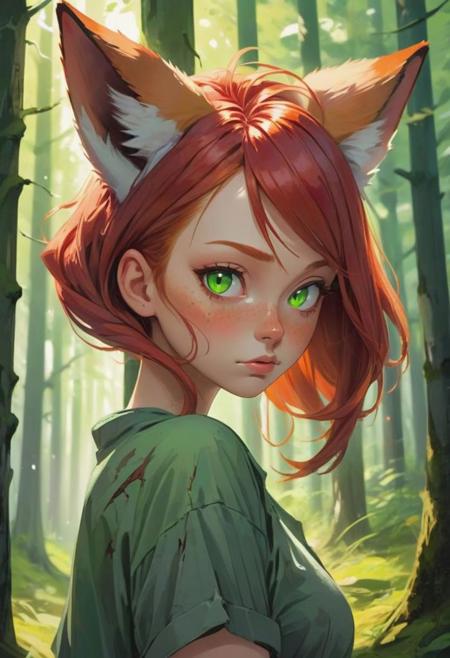 artistic portrait woman, looking at the viewer, (beautiful detailed face:1.4), beautiful long redhead abstract hairstyle, shy chubby face, damaged clothing, strange, fox ears, forest, green and red, (vibrant light:1.4), (shadow detailed:1.2), (highly detailed:1.4), anime style, speed art, abstract artistic brush strokes, (beautiful and aesthetic:1.4), masterpiece, realistic surrealist, (surrealist artistic work:1.4), (ultra wide angle:1.6)