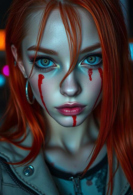 a close up of  portrait that shows a girl with bright red hair, 1girl, blood, solo, green eyes, orange hair, piercing, zipper, long hair, jewelry, earrings, ear piercing, blood on face, cyberpunk night city, realistic, professional lighting, shows, realistic, hyperrealistic