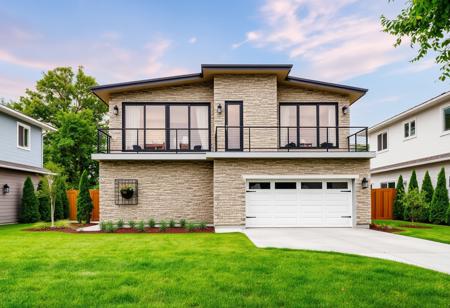 exterior of a modern two story building, decor, wide view, with a garage and lawn