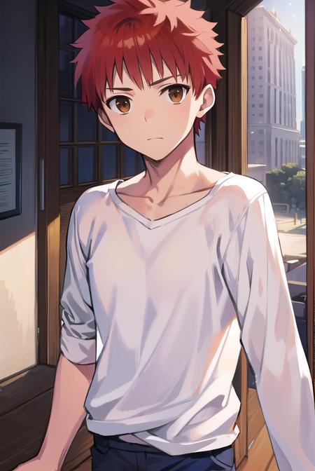 shirouemiya, <lora:shirouemiyatest:1>, 
shirou emiya, 1boy, (red hair:1.5), spiked hair, (brown eyes:1.5), mature male,
BREAK blue pants, collarbone, pants, shirt, long sleeves, white shirt, raglan sleeves,
BREAK looking at viewer,
BREAK indoors, classroom,
BREAK <lora:GoodHands-vanilla:1>, (masterpiece:1.2), best quality, high resolution, unity 8k wallpaper, (illustration:0.8), (beautiful detailed eyes:1.6), extremely detailed face, perfect lighting, extremely detailed CG, (perfect hands, perfect anatomy),