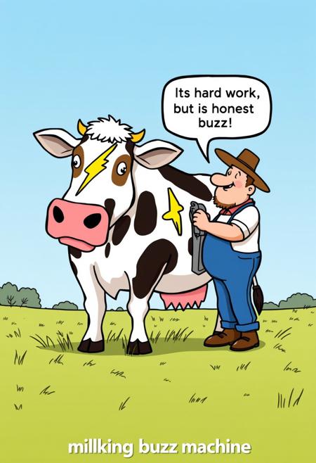 Marmaduke cartoon featuring a large cow in a field. the cow has a golden yellow thunderbolt sticker in its cow tits. a fat farmer milking the cow saying in a bubble "its hard work, but its honest buzz", There is text at the bottom of the screen that says in quotes “milking buzz machine”  .