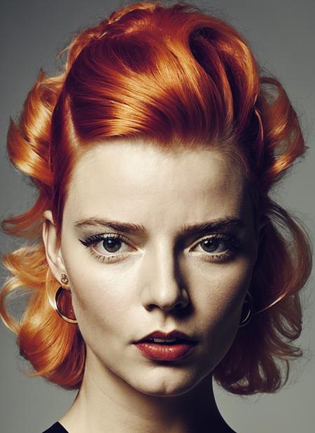 close up, portrait of ((sks woman)) by Flora Borsi, style by Flora Borsi, bold, bright colours, orange Mohawk haircut, ((Flora Borsi))