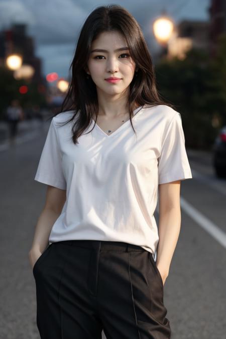 masterpiece, best quality, ultra-detailed, ultra high res, (photorealistic:1.4), raw photo, (realistic:0.2), CG, 8k HDR, perfect lighting, 1girl, solo, looking at viewer, (plain t-shirt, blazer, pant suit), outdoor, (city, busy street), night, scattered cloud, aurora sky, upper body, lower body, asymmetrical short hair, (detailed oily skin), (detailed face), (detailed background :1.1), hands in pocket, cold weather,