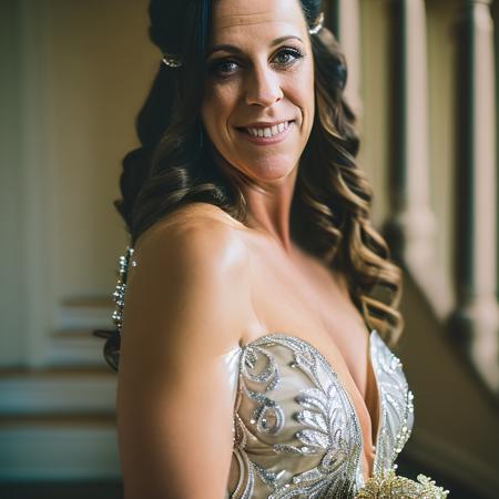 close up candid photoshoot indoor young teen (Alanis Morissette:0.8) wearing a sparkling vintage 90's era formal prom gown posing in front of a suburban family stairway with family pictures on the walls indoor lighting   CInema768-Digital