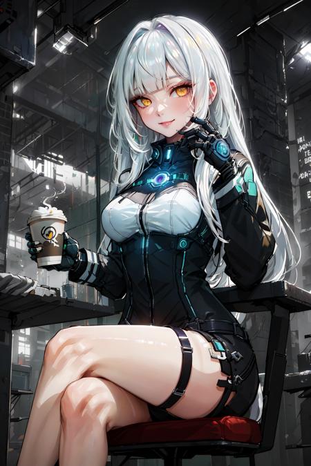 (high quality:1.3), 8K, RAW photo, ((cinematic illumination:1.3)), sharp focus, (Bokeh:1.2), (solo:1.2), (portrait), colour splash, 1girl,  rio, white hair, long hair, blunt bangs, yellow eyes, medium breasts, (seductive smile:1.3), (evil eyes:1.2), cyber, (mechanical hands:1.2), the android girl is sitting at a coffee shop and looking around the city, The image has a serene and mesmerizing feeling, <lora:DW-000008:0.8> <lora:Game-EternalReturn-Rio:0.8>