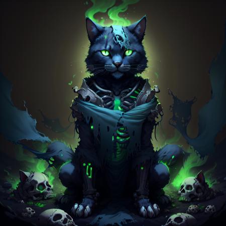 <lora:WorldofSigmarnighthaunts:1>, worldofsignighthaunts, skeletal, tattered rags, green glowing aura, cat,  volumetric lighting,