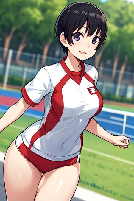 masterpiece, best quality, detailed face, detailed eyes, 1girl,  <lora:HUCasey:0.5>, HUCasey, black hair, short hair, toned, medium breasts, track uniform, outdoors, park, smile,