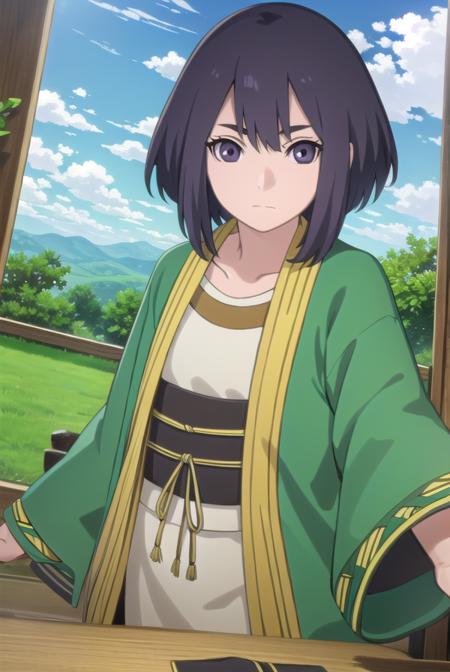 ladykiri, <lora:lady kiri-lora-nochekaiser:1>,
lady kiri, black hair, short hair, hair between eyes, (purple eyes:1.1),
BREAK long sleeves, robe, green robe, obi, dress, white dress,
BREAK outdoors, nature, forest, grass, sky, sun, clouds,
BREAK looking at viewer,
BREAK <lyco:GoodHands-beta2:1>, (masterpiece:1.2), best quality, high resolution, unity 8k wallpaper, (illustration:0.8), (beautiful detailed eyes:1.6), extremely detailed face, perfect lighting, extremely detailed CG, (perfect hands, perfect anatomy),