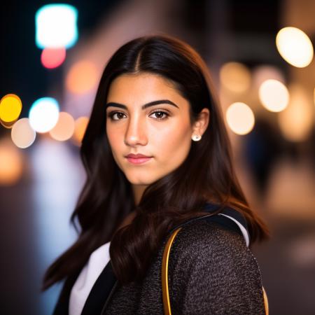 RAW photo, a portrait photo of <lora:Loradamelio_v2:1> woman in casual clothes, night, city street, (high detailed skin:1.2), 8k uhd, dslr, soft lighting, high quality, film grain, Fujifilm XT3