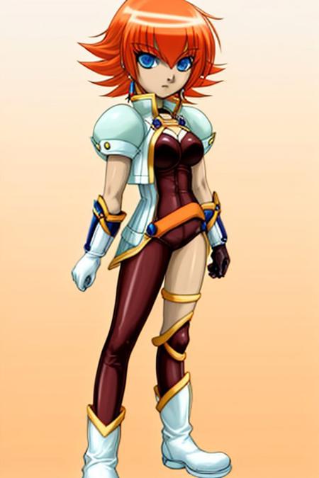 bakugan, bakugan new vestroia, mira clay, 1girl, solo, blue eyes, gloves, orange hair, cloud, short hair,single stocking,