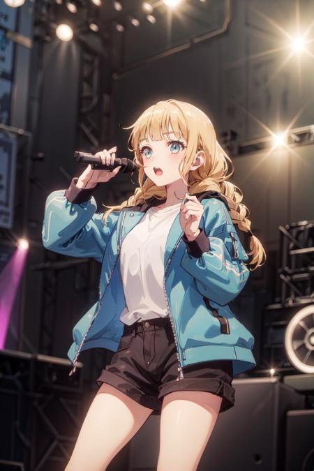 masterpiece, best quality, 1girl, solo, blue jacket, black shorts, holding microphone, on stage, <lora:YaBoyKongming-Eiko-1.0x: 0.7>