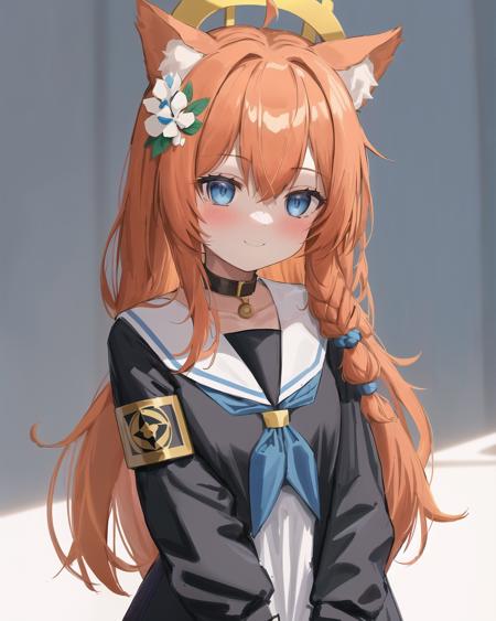 1girl, animal ear fluff, animal ears, armband, bangs, blue eyes, (blue neckerchief:1.1), blush, cat ears, dress, flower,hair flower, white background, (halo:1.1), long hair, long sleeves, looking at viewer, ba-mari, neckerchief, smile, orange hair, sailor collar, simple background, solo focus, masterpiece,highres,best quality,8k