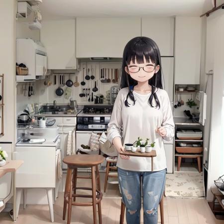 best quality, ultra-detailed, illustration,
JPkitchen, scenery, table, chair, sink, kitchen, plant, indoors, window, refrigerator, frying pan, bottle, shelf, spatula, door, basket, plate, cup, stool, wooden floor, curtains,
1girl, glasses, black hair, long hair, white sweater, denim, jeans, apron,  happy, smile, closed eyes, looking at viewer, 
 <lora:JAPAN_kitchen_SD15_V1:1>