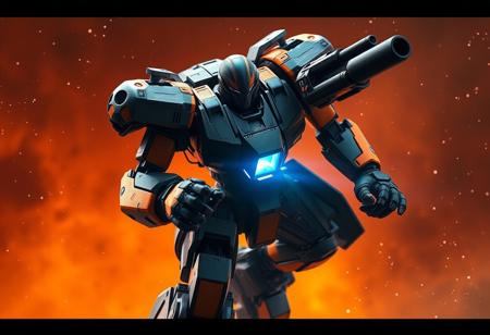 Dynamic action pose of imposing black & orange combat robot wielding dual heavy cannons. Blue chest core casts intense light. Against deep orange nebula with scattered starlight. Ultra-detailed 4K render, Octane, Unreal Engine 5, trending on ArtstationHQ, CGSociety. Exceptional quality, sharp focus, captivating lighting, stunning colors, harmonious. Impeccable cinematic composition, creative angle, Golden Ratio. Contemporary aesthetic, matte painting, Splash Ink style. Isometric perspective. Handcrafted precision, detailed optics.