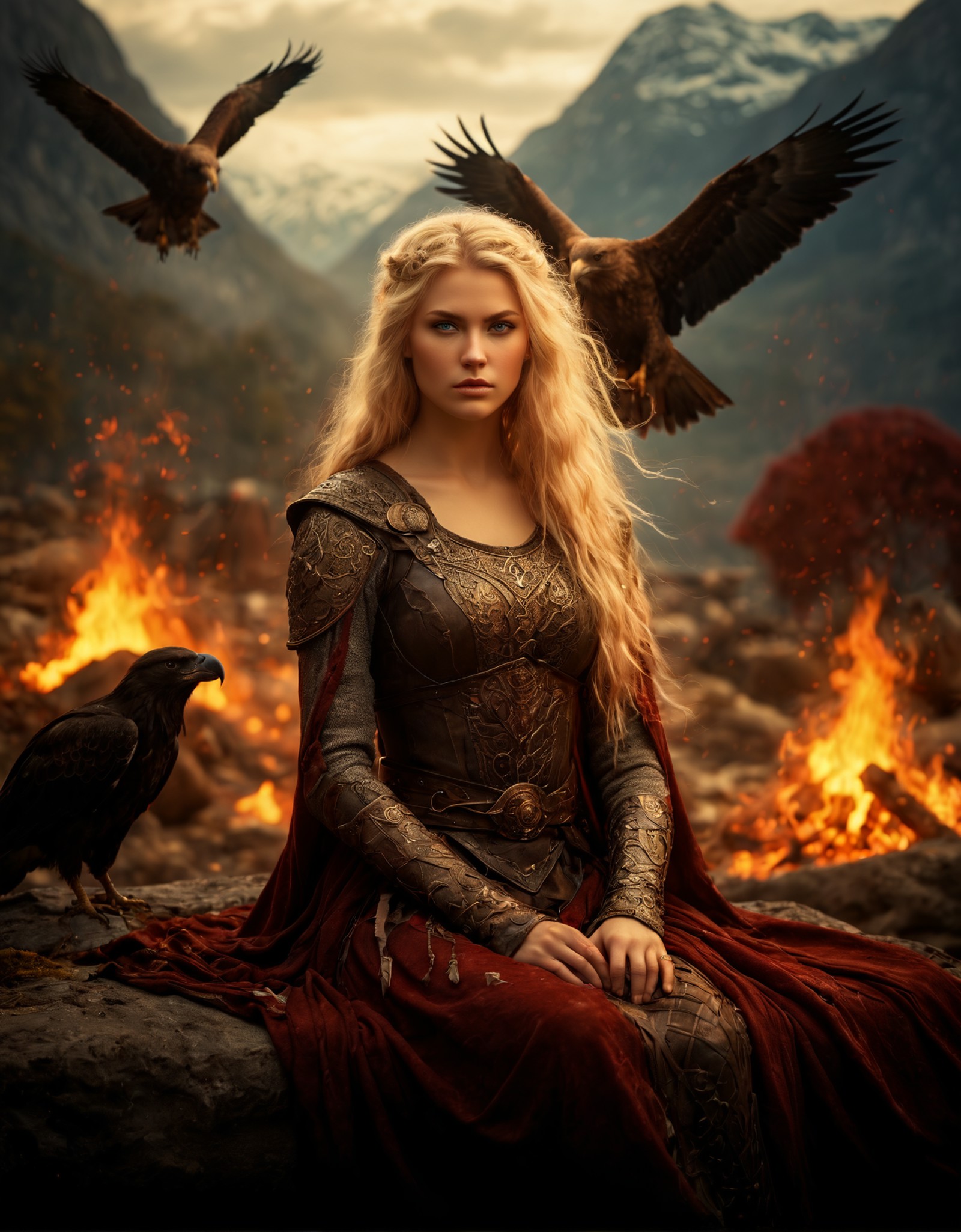breathtaking, film photography, beautiful viking woman, surrounded by animals and embers, Eagle, Bear, Crows, Wolf, laying...