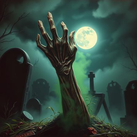 In the moonlit darkness of a graveyard, a decaying hand emerges from the earth, shrouded in an eerie green mist. The ghastly sight is depicted in a hyper-realistic painting, showcasing every grotesque detail. The mottled, decaying flesh of the hand is vividly portrayed, contrasted with the spectral glow of the fog. The image exudes a sense of dread and decay, drawing viewers into the chilling atmosphere of 1980's horror.