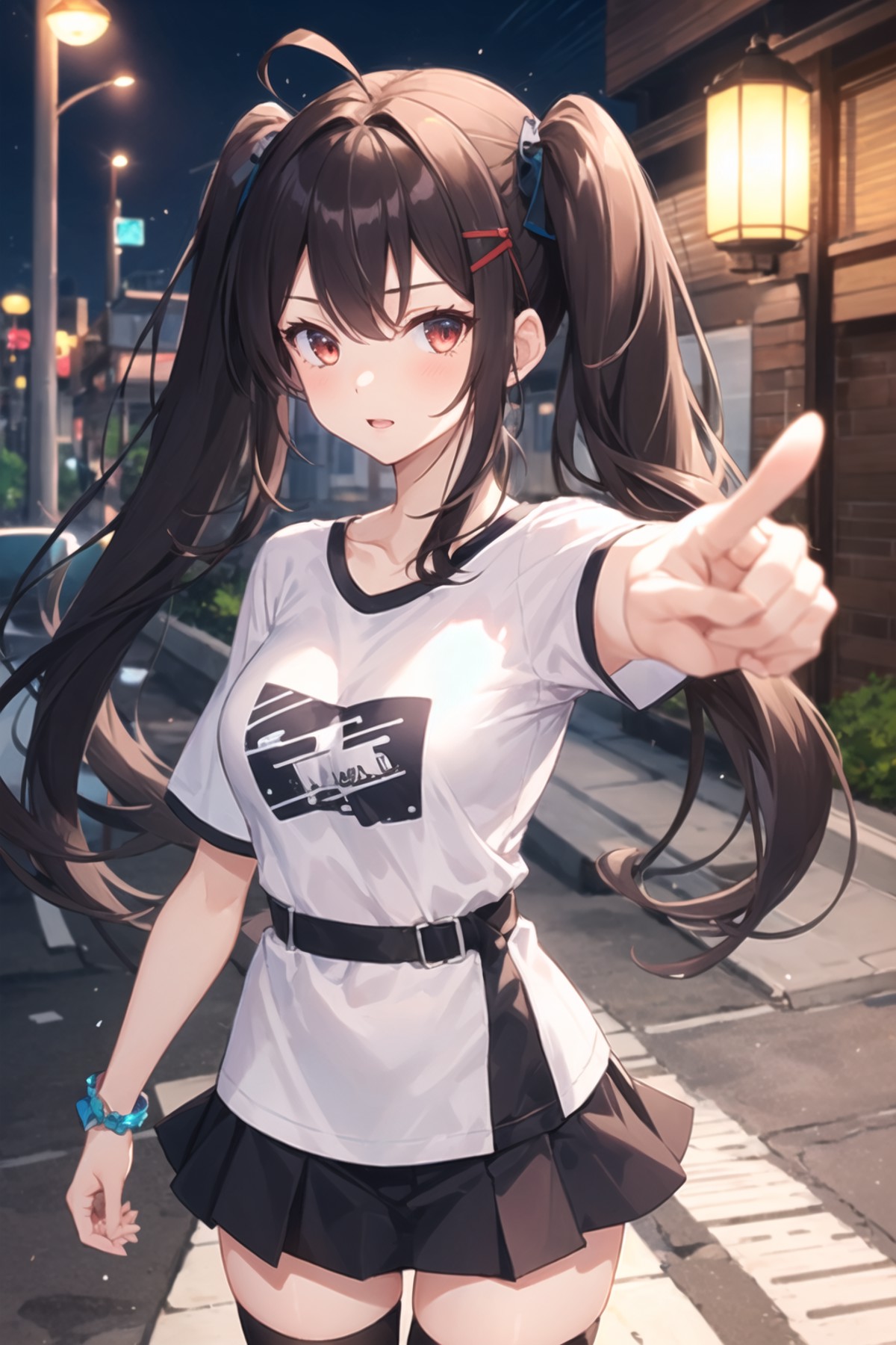 1girl, casual clothes, t-shirt, skirt, twintails, long hair, short sleeves, standing, pointing, outdoors