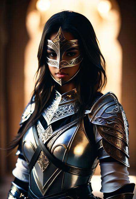 1girl, arabic, masked face, armor, (sword in hand:1.2) rim light, dramatic, intricite dramatic light, shadows, depth of field, chromatic aberration, bokeh
