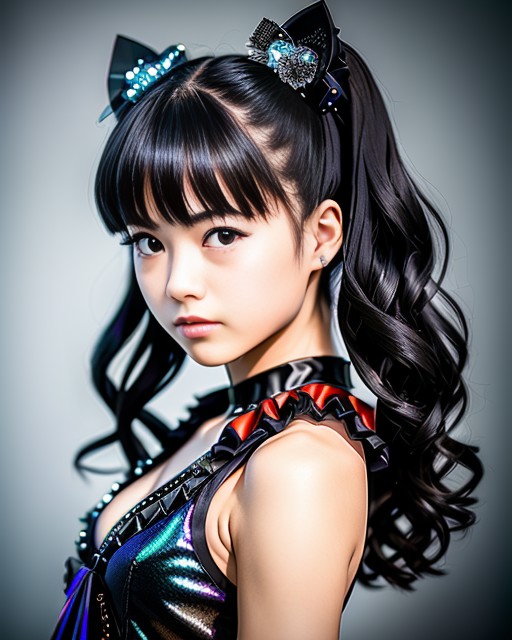 RAW photo, hyper real photo of japanese girl yuimetal with twintails hair in black dress with iridescent sequined outfit t...