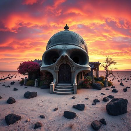 wide angle landscape image of an intricately designed, gothic-inspired house shaped like a human skull, with a grand, ornate entrance in its mouth and two circular windows resembling eyes. It stands alone on a dry dusty plain with hues of grey-white, littered with jagged black rocks. The  house's surface is decorated with subtle, eerie carvings and intricate stonework, a neat garden surrounds the house, with vibrant, curly vines and exotic flowers, as the sky above is set aflame by a vivid, pink-orange-purple sunset, casting a warm, golden glow over the entire scene