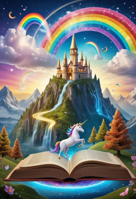 (unicorn), (mountain of floating books), (glow effect), (sparkling), (rainbow trail), (fantasy land), (storybook magic:1.19), (whimsical vibes), (books drifting like clouds), (mountain of ancient tomes), (lazympos), (mystical ink spirits), (ancient book runes on
pages), (dreamy library light), (cosmic patterns in text), (enchanted rainbows), (ethereal glow), (unicorn’s horn glowing with a storybook aura), (floating islands of parchment above the mountain), 
(RainbowUnicornStyle)