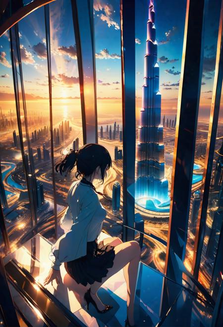 anime key visual, landscape of a masterpiece,a sexy girl from inside of The Burj Khalifa, with a portal to another world masterpiece, at Dusk, spotlit, Zoom lens, two colors, Bright design